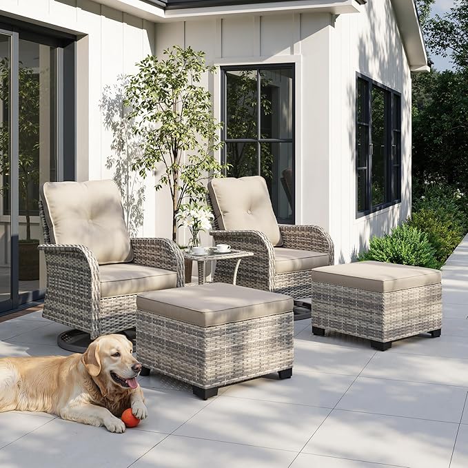 5-Piece Small Patio Furniture Set, Outdoor Swivel Rocking Chairs Set with Ottomans, Patio Bistro Set for Balcony, Deck, Porch, Khaki