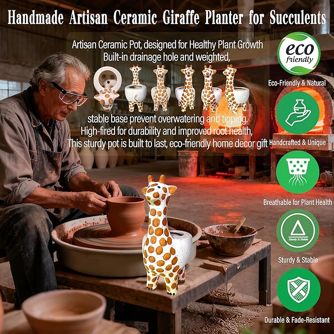 Large 9.65‘‘ Ceramic Giraffe Planter Pot-Animal Shaped Flower Pot Planter for Indoor/Outdoor Succulent/Cactus/Bonsai-Garden Office Home Decor for Living Room,Kitchen Desk-Plant Lovers Gift