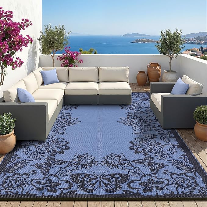Garvee Outdoor Rugs 8’x10’ Waterproof Reversible Mats, Large Area Plastic Straw Rug, Outside Carpet, Butterfly Floral Rv Mat for Patio Camping Picnic Backyard Deck Balcony Porch Beach Trailer