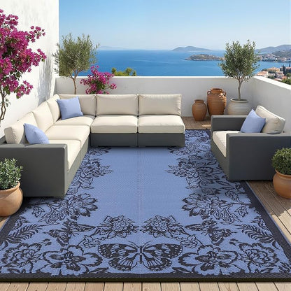 Garvee Outdoor Rugs 8’x10’ Waterproof Reversible Mats, Large Area Plastic Straw Rug, Outside Carpet, Butterfly Floral Rv Mat for Patio Camping Picnic Backyard Deck Balcony Porch Beach Trailer