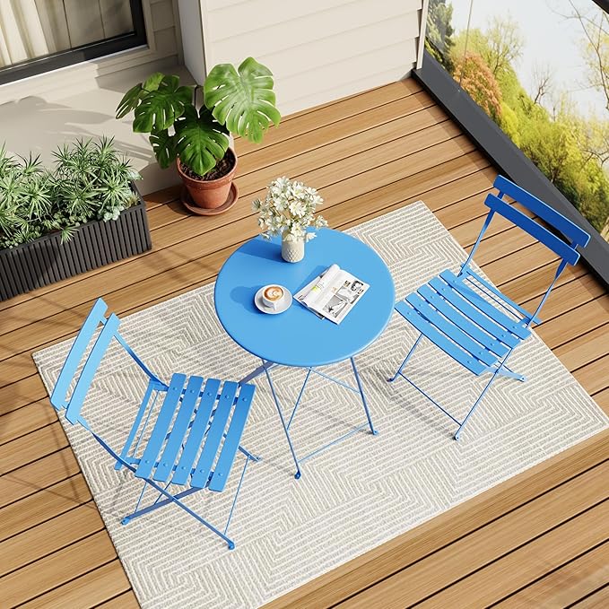 3-Piece Folding Bistro Set, Outdoor Patio Furniture Set with 2 Chairs & 1 Table, Space-Saving Foldable Balcony Garden Set with Heavy-Duty Powder-Coated Steel Frame, No Assembly Required, Blue