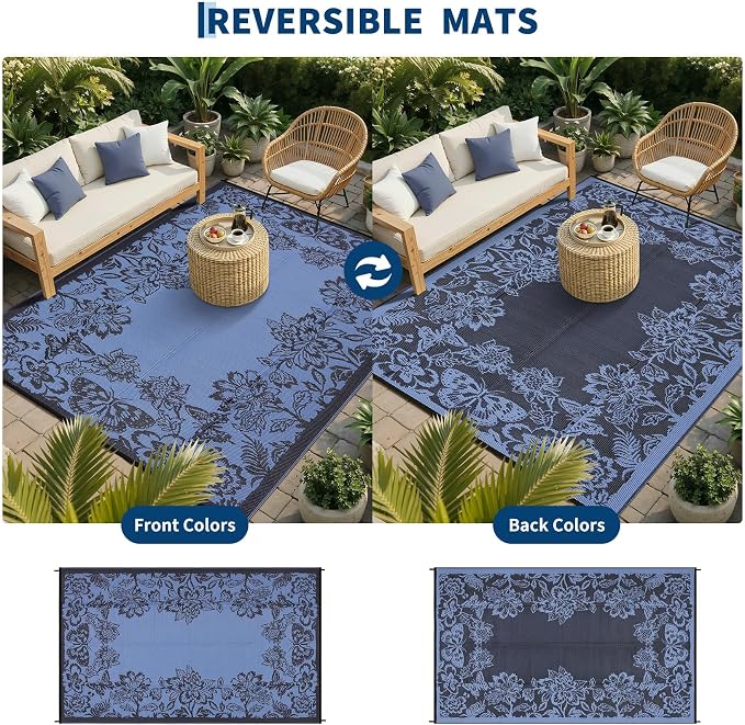 Garvee 5’x8’ Waterproof Patio Outdoor Rug, Outdoor Plastic Straw Rug for Camping, RV Mat Outside, Indoor Outdoor Carpet for Porch, Deck, Backyard, Balcony, Picnic, Dark Blue & Teal