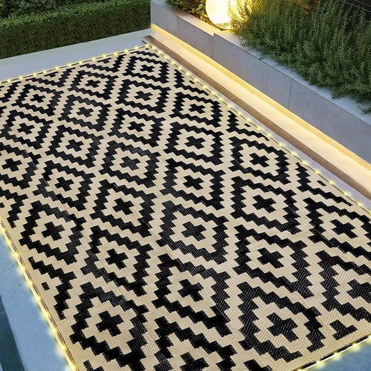 SAND MINE Reversible Mats with Led Strip Lights, Plastic Straw Rug, Modern Area Rug, Large Floor Mat for Outdoors, Patio, Backyard, Deck, Picnic, Camping, Black & Beige, 6' x 9'