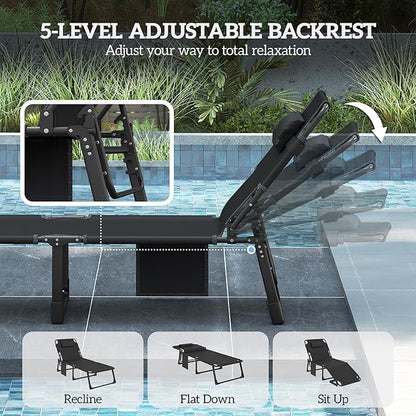 Outsunny Chaise Lounge Chair Outdoor, 5-Position Reclining Pool Lounge Chair with Cushion, Side Pocket, Headrest, Folding Lounger Tanning Chair Camping Cot for Patio, Beach, Black