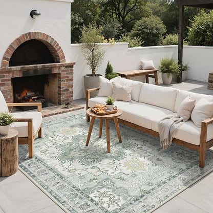 GENIMO Outdoor & Indoor Area Rug 6'x9', Waterproof, Non-Shedding, Easy Cleaning, Boho Mat for Patio, Living Room, Balcony, Dining Room, RV, Deck, Bedroom, Camping, Outside Carpet,Light Green
