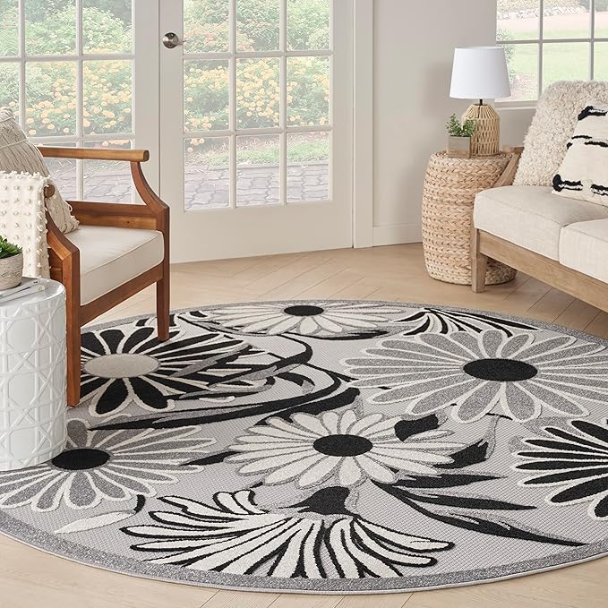 Nourison Home Aloha 8' x Round Black White Fabric Contemporary Area Rug (8' Round)