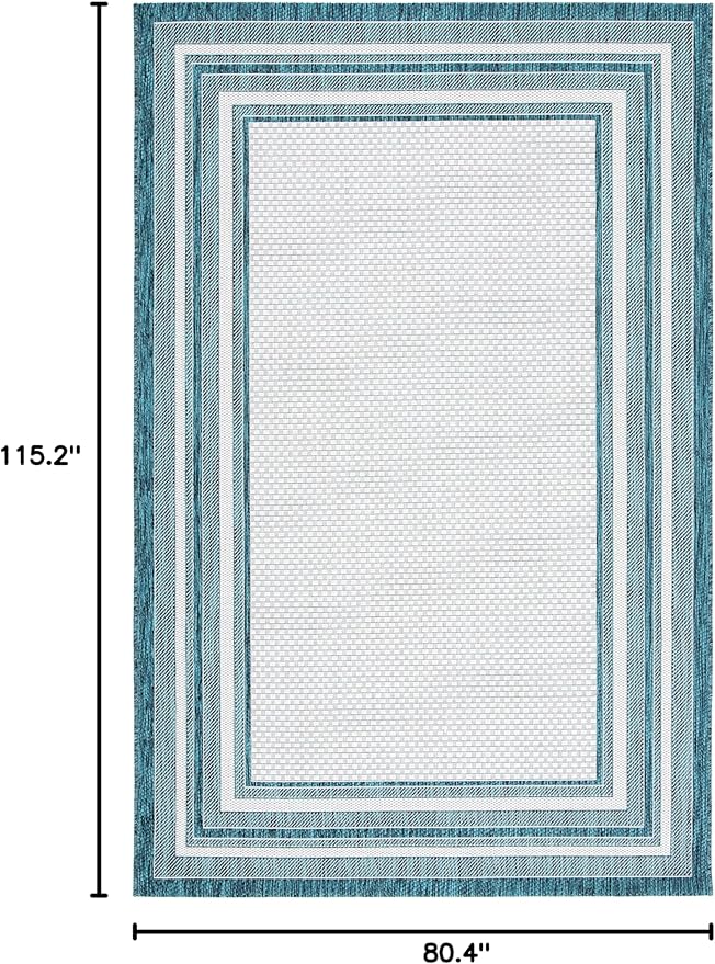 SAFAVIEH Washable Rug Outdoor Courtyard Collection - 6'7" x 9'6", Ivory & Teal, Non-Shedding & Easy Cleaning, Ideal for Patio, Backyard, Mudroom (CY8475-53512)