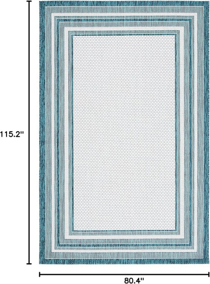 SAFAVIEH Washable Rug Outdoor Courtyard Collection - 6'7" x 9'6", Ivory & Teal, Non-Shedding & Easy Cleaning, Ideal for Patio, Backyard, Mudroom (CY8475-53512)