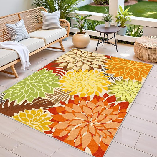 Colorful 3x5 Washable Rug for Living Room Tropical Botanical Modern Floral Chenille Area Rugs Low Pile Non Slip Carpet for Patio, Bedroom, Laundry, Orange