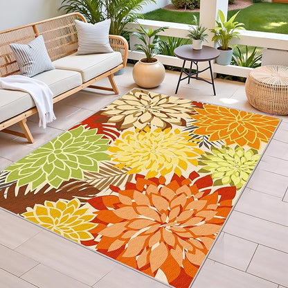 Colorful 9x12 Outdoor Area Rug Washable Multicolored Patio Rug Tropical Botanical Floral Chenille Waterproof Outdoor Carpet Non-Slip for Deck, Backyard, Porch, Orange