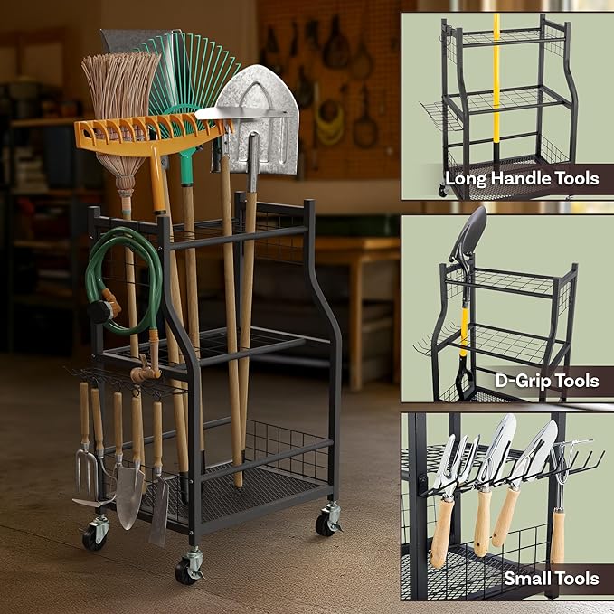 Garage Garden Tool Organizer with Wheels - Yard Tool Storage Rack with 28 Slots for Long Handles, 10 Hooks, 2 Cord Wrappers, and Locking Wheels - Shed or Garage Organization by Pure Garden