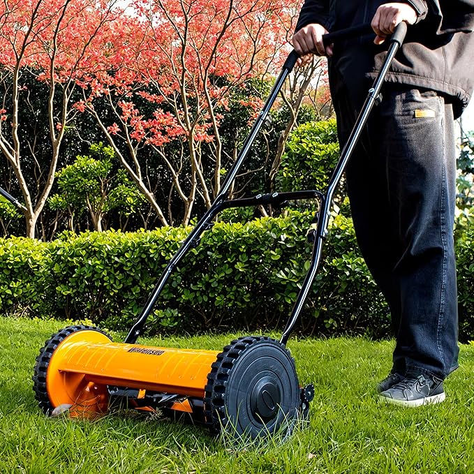 Walensee Push Reel Lawn Mower, 14-Inch 5-Blade Cordless Manual Reel Lawn Mower, Walk-Behind Steel Lawn Mower with 4-Position Cutting Height Adjustment & Sponge Grip