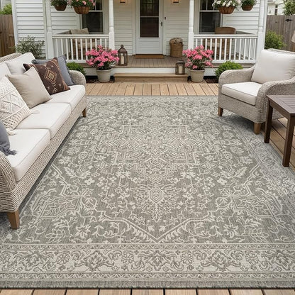 MontVoo-Outdoor Rug-Patio Rug 5x7 ft Polypropylene Indoor Outdoor Rugs Carpet for Patio Deck Balcony Porch, Textured Weave, Durable for High Traffic, Fade-Resistant, Vintage Medallion Silver Grey
