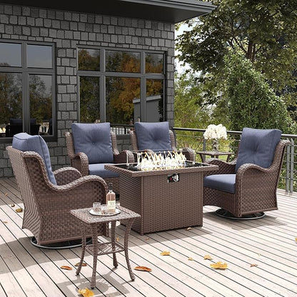 LayinSun 7 Pieces Outdoor Patio Furniture Set with Fire Pit Table, Rattan Wicker Swivel Rocker Chairs Sets with Swivel Glider Chairs and Coffee Table