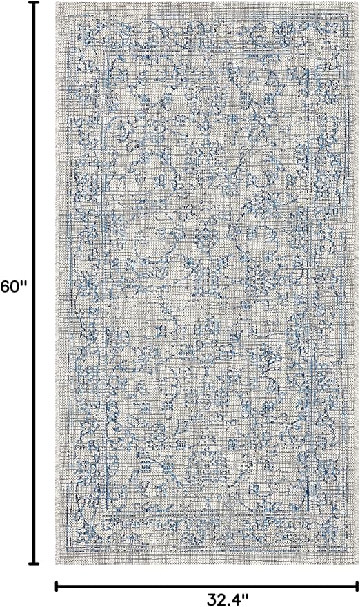 SAFAVIEH Washable Rug Outdoor Courtyard Collection - 2'7" x 5', Grey & Navy, Non-Shedding & Easy Cleaning, Ideal for Patio, Backyard, Mudroom (CY8680-36812)