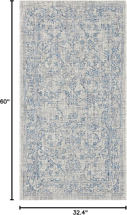 SAFAVIEH Washable Rug Outdoor Courtyard Collection - 2'7" x 5', Grey & Navy, Non-Shedding & Easy Cleaning, Ideal for Patio, Backyard, Mudroom (CY8680-36812)