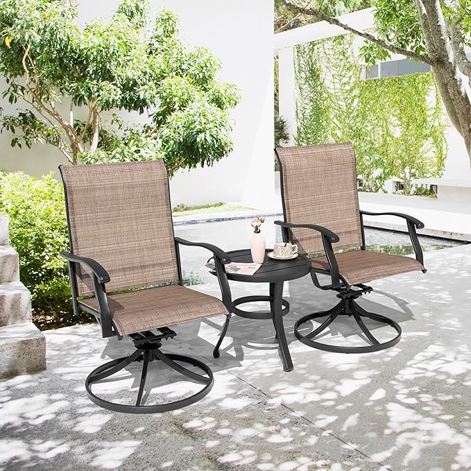 NUU GARDEN 3 Piece Outdoor Bistro Set, 2 Swivel Bistro Chairs and 20" Round Bistro Table, Patio Textilene Fabric, Powder-Coated Iron Frame, for Patio, Deck, Garden, Backyard, Black and Brown