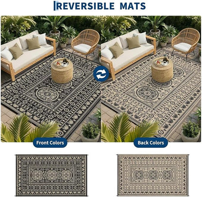 Garvee Reversible Outdoor Rug 6x9 for Patio, Waterproof Outdoor Area Rug, Modern Medallion Indoor Outdoor Rugs, Plastic Straw Rug for RV, Camping, Deck, Vintage Brown