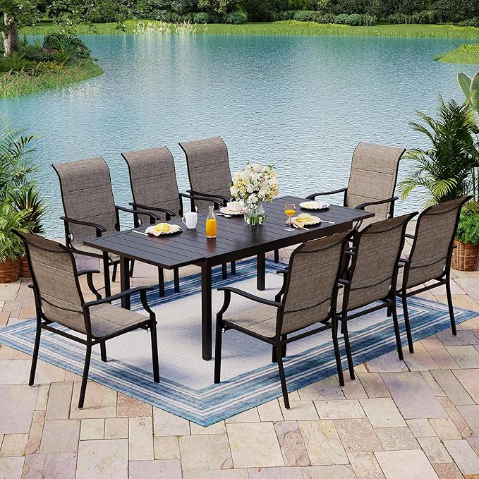 9 Pieces Patio Table and Chairs Set, 8 People Patio Dining Furniture Set, 8 Textilene Standard Chairs and Expandable Rectangular Metal Table with Umbrella Hole, for Deck Garden Backyard