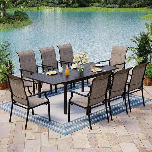 9 Pieces Patio Table and Chairs Set, 8 People Patio Dining Furniture Set, 8 Textilene Standard Chairs and Expandable Rectangular Metal Table with Umbrella Hole, for Deck Garden Backyard