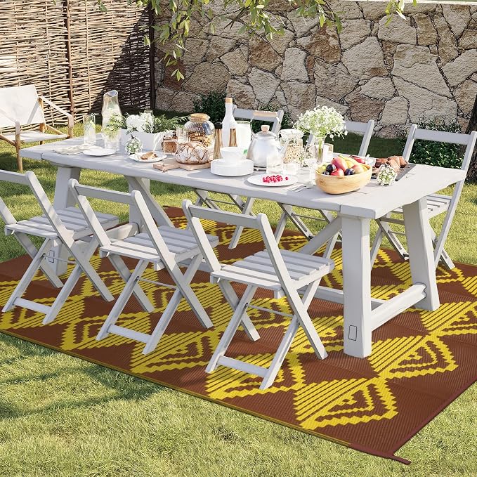 Anidaroel Patio Rugs Outdoor 8x10ft Waterproof, Reversible Camping Rugs for Outside RV, Outdoor Plastic Straw Outside Area Rugs for Patio, Backyard, Pool Deck, Picnic (Yellow&Brown,8‘x10')