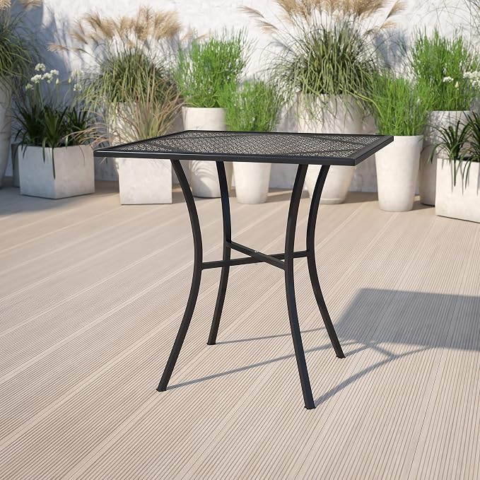 Flash Furniture Oia 28" Commercial Grade Steel Patio Table, Modern Square Rain Flower Design Outdoor Dining Table, Black