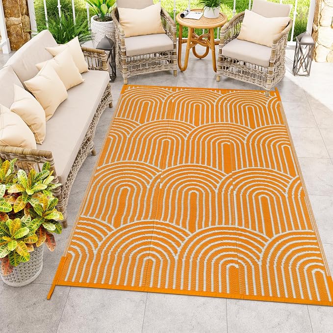 Anidaroel Patio Rugs Outdoor 6’x9’ Clearance Waterproof, Reversible Rainbow Outdoor Plastic Straw Outside Rugs, RV Outdoor Rugs for Camping, Porch, Balcony, Backyard (Orange,6‘X9')