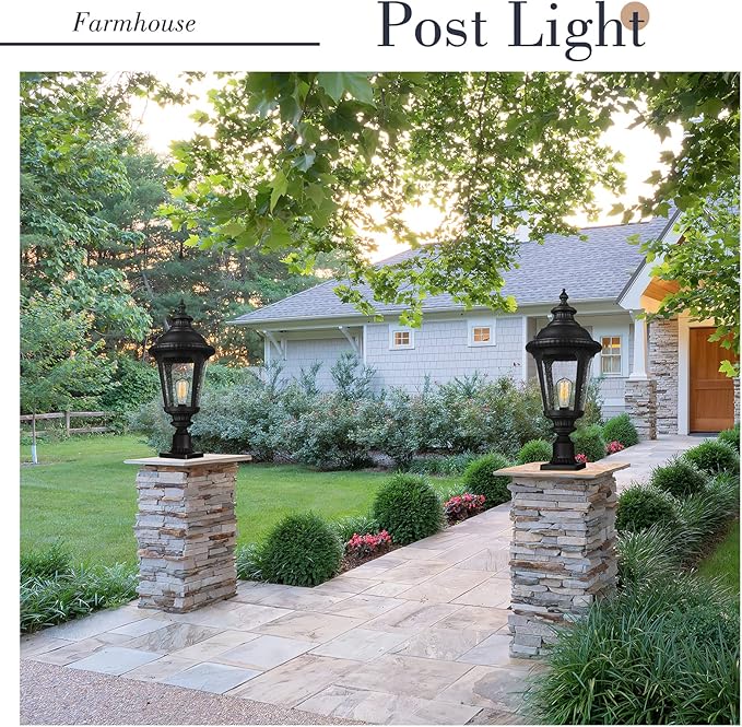 Emliviar 25 Inch Outdoor Post Light for House, Vintage Exterior Pole Lantern Light Fixture, Black Finish with Seeded Glass Shade, XE265P BK