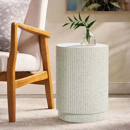 LuxenHome Cream Cement Round Outdoor Side Table, Set of 2