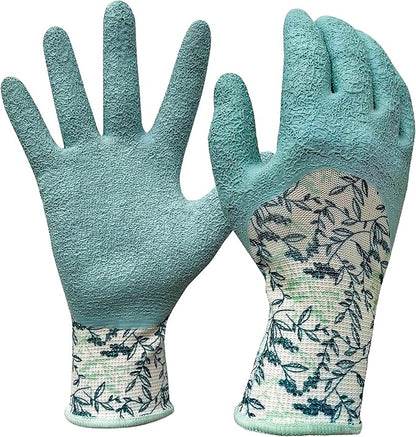 Digz Long Cuff Stretch Knit Garden Gloves with Full Finger Latex Coating | Color: Greenery Pattern | Size: Small