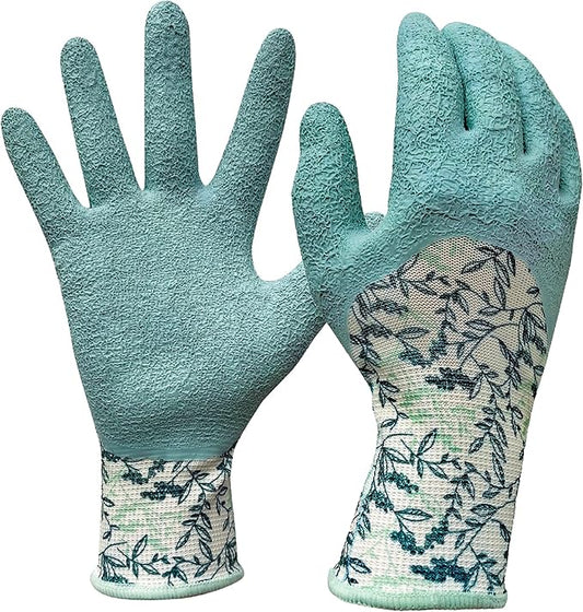 Digz Long Cuff Stretch Knit Garden Gloves with Full Finger Latex Coating | Color: Greenery Pattern | Size: Small