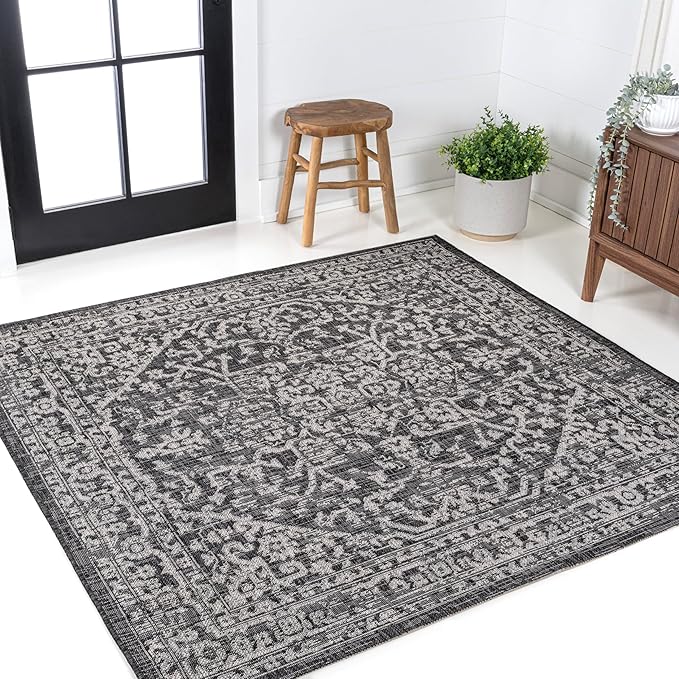 JONATHAN Y Boho Medallion Indoor Outdoor Square Area Rug 6X6 Black/Gray, Malta Textured Weave for Backyard, Patio, Porch, Easy-Cleaning, High Traffic, Pet-Friendly, Non-Shedding (SMB104C-6SQ)