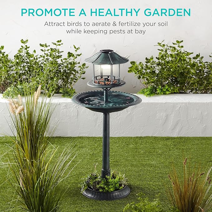 Best Choice Products Solar Outdoor Bird Bath Vintage Resin Pedestal Fountain Decoration for Yard, Garden w/Planter Base, Feeder, Decorative Bird Cage, Fillable Stand - Green