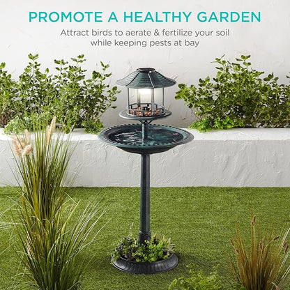 Best Choice Products Solar Outdoor Bird Bath Vintage Resin Pedestal Fountain Decoration for Yard, Garden w/Planter Base, Feeder, Decorative Bird Cage, Fillable Stand - Green