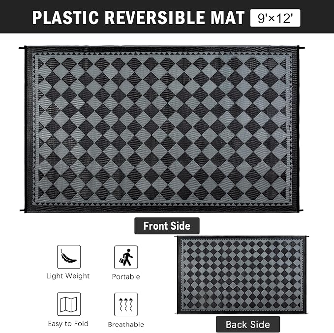 HUGEAR Outdoor Waterproof Rug 9'x12' Plastic Straw Rugs Washable Reversible Floor Mat Black/Grey Plaid Carpet for Camping RV Deck Entryance Porch Picnic Balcony Beach Backyard