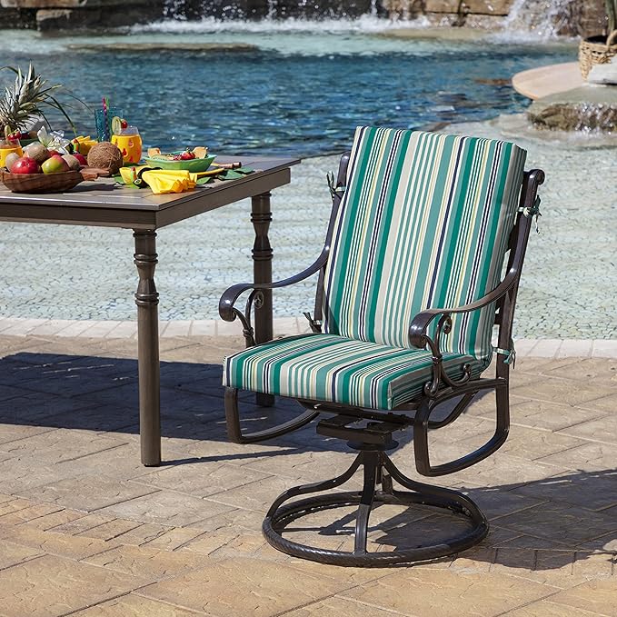 Arden Outdoor Patio Dining Chair Cushion, 20x44, Rain-Proof Seat Pad, Fade-Resistant Outdoor Cushion Teal Cobalt Stripe