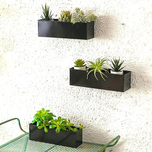 LaLaGreen Wall Planter Indoor Plants - 3 Pack, 14 Inch Large Wall Mount Planters for Succulent Black, Rectangular Metal Hanging Flower Pot, Long Window Sill Plant Box Fence Railings Floating Shelve