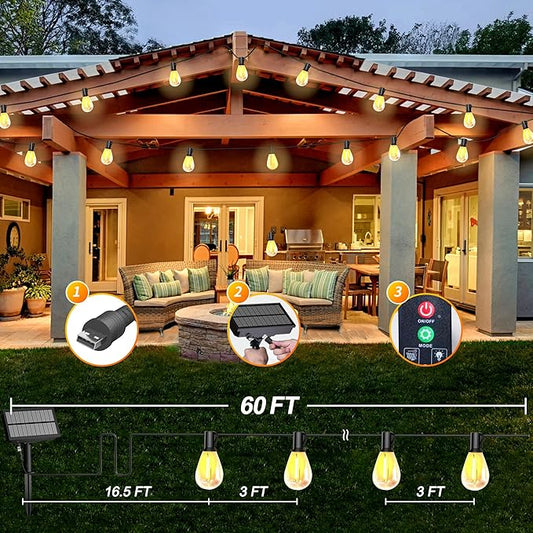 BLIATLUS 50FT Solar String Lights Outdoor Waterproof with Remote Control Solar Patio Lights 15+2 shatterproof LED Bulbs for Porch Garden Market Bistro Patio Backyard Fence