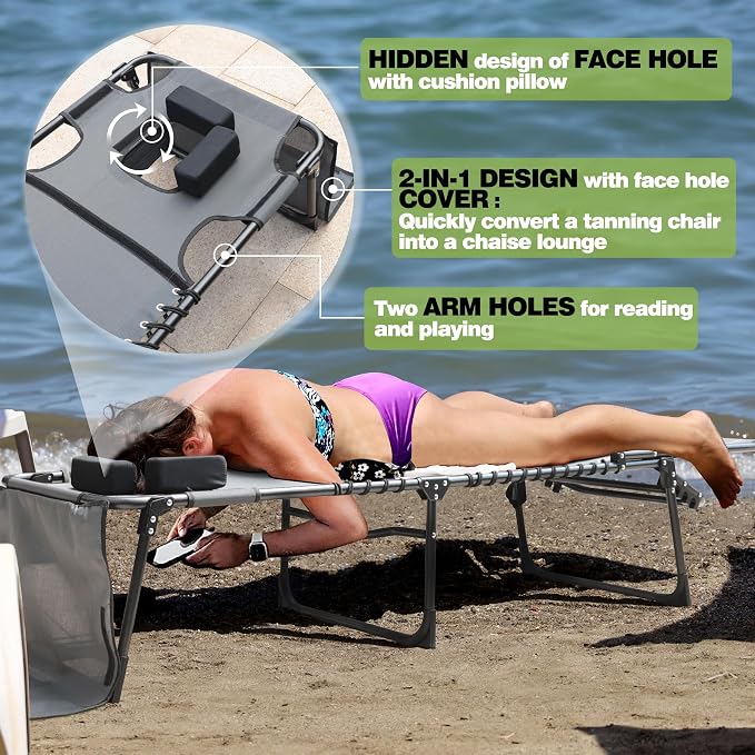 MUPATER Patio Chaise Lounge Chair for Outdoor with Face Hole, 4-Fold Adjustable Backrest, Removable Pillow and Detachable Pocket, Portable Sun Lounger Recliner for Beach, Camping and Pool, Grey