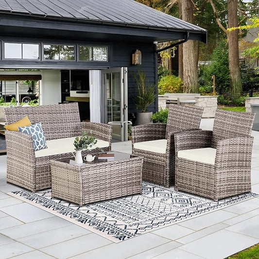 4 Piece Patio Furniture Set, Outdoor Wicker Conversation Set, Rattan Sectional Sofa Couch with Glass Coffee Table & Thick Cushion for Backyard, Porch, Garden, Poolside, Grey/Beige