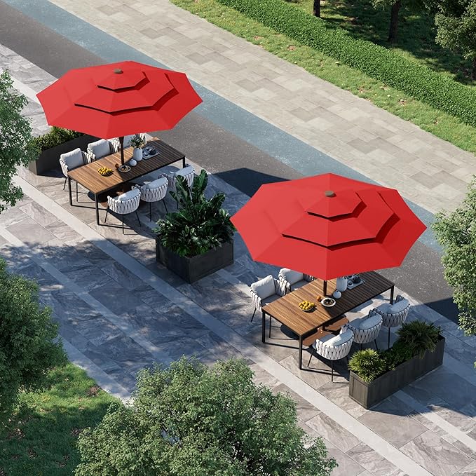 9FT 3 Tiers Patio Umbrella With Auto Tilt And Crank, Outdoor Table Market Umbrella with 8 Sturdy Ribs for Garden, Lawn, Deck, Backyard and Pool (Red)