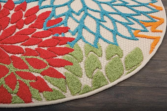 Nourison Aloha Indoor/Outdoor Green 4' x Round Area-Rug, Tropical, Botanical, Easy-Cleaning, Non Shedding, Bed Room, Living Room, Dining Room, Deck, Backyard, Patio (4 Round)