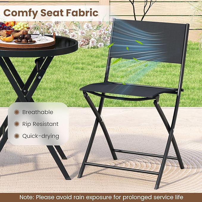 Tangkula 3 Piece Folding Bistro Set, Patio Dining Furniture with Breathable Fabric Seat & Tempered Glass Tabletop, Outdoor Metal Frame Table & Chairs Set for Backyard, Garden, Balcony