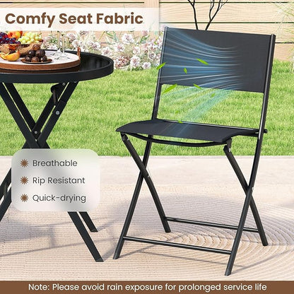 Tangkula 3 Piece Folding Bistro Set, Patio Dining Furniture with Breathable Fabric Seat & Tempered Glass Tabletop, Outdoor Metal Frame Table & Chairs Set for Backyard, Garden, Balcony