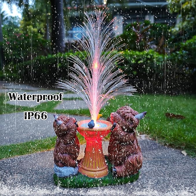 Solar Highland Cow Garden Decor -Resin Highland Cows Figurines Lights and Colour Changing Optical Fiber with Solar LED Lights,Outdoor Statues Decoration for Patio Yard Lawn