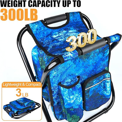 Kikerike Backpack Stool Cooler Chair Heavy Duty 300 LBS Max Load Portable Lightweight Stool Backpack Folding Fishing Cooler Seat for Camping Hunting Fishing - Ocean