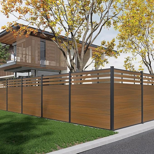 Mondaria Semi-Closed Privacy Fence Panels with 1 Post for Outside, 6ft(W) x 6ft(H), Wind Resistant Wood Plastic Composite Fencing Panels for Patio, Backyard, Garden and Pool, Brown