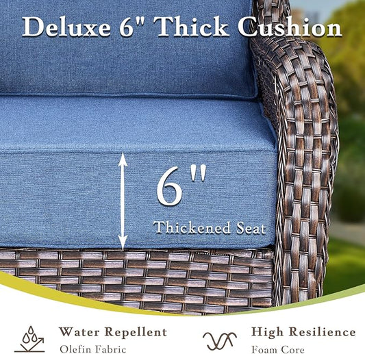 Luxury High Back Outdoor Furniture with 6-inch Extra Thick Cushions, Patio Furniture Set with Swivel Chairs, 7 PCS Wicker Conversation Set for Yard, Deck, Poolside, Brown/Blue