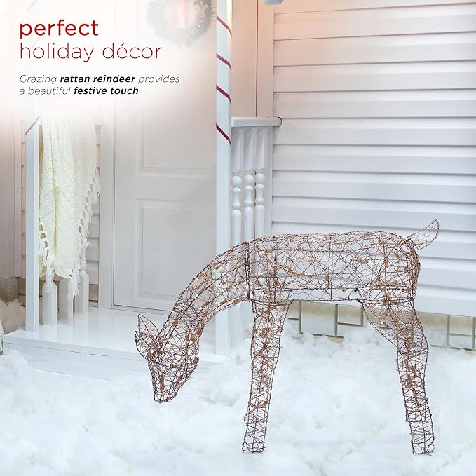 Alpine Corporation Grazing Rattan Reindeer Decoration with Warm White Lights, Christmas Decoration