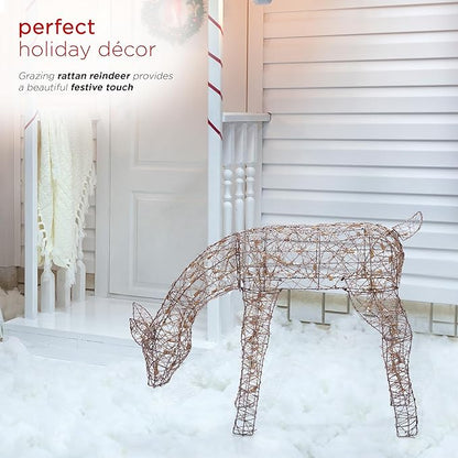 Alpine Corporation Grazing Rattan Reindeer Decoration with Warm White Lights, Christmas Decoration